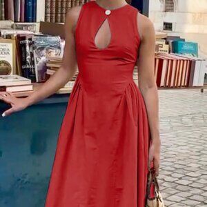 Commense Red Cotton and Linen Pleated Cut Out Dress - Size Small - Never Worn